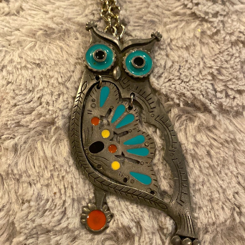 Vintage Antique 1979 Owl Silver necklace silver with stones very cool piece